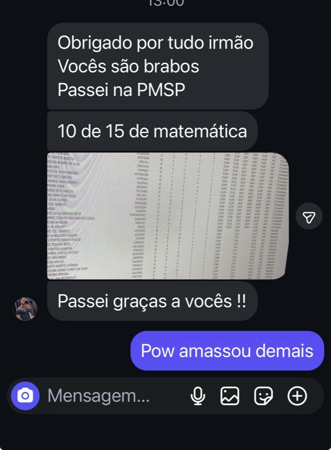 Mensagem de aluno aprovado na PMSP com 10 de 15 acertos em matemática