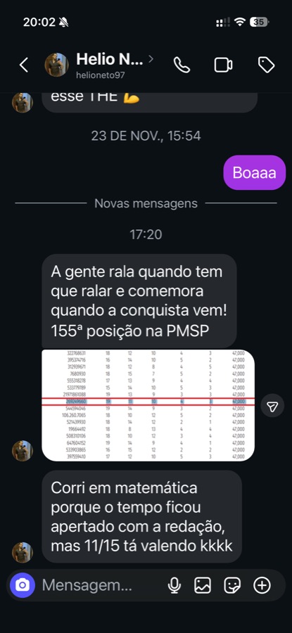 Mensagem de aluno classificado em 155º lugar na PMSP com 11 de 15 em matemática