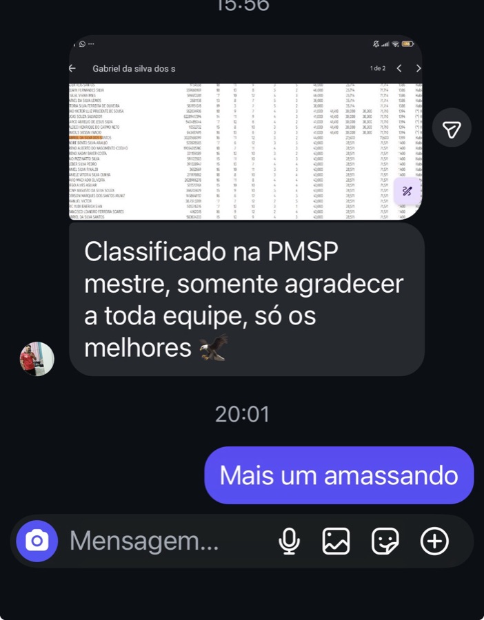 Mensagem de aluno classificado na PMSP agradecendo a equipe