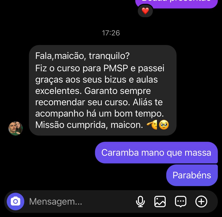 Mensagem de aluno que fez o curso para PMSP e foi aprovado