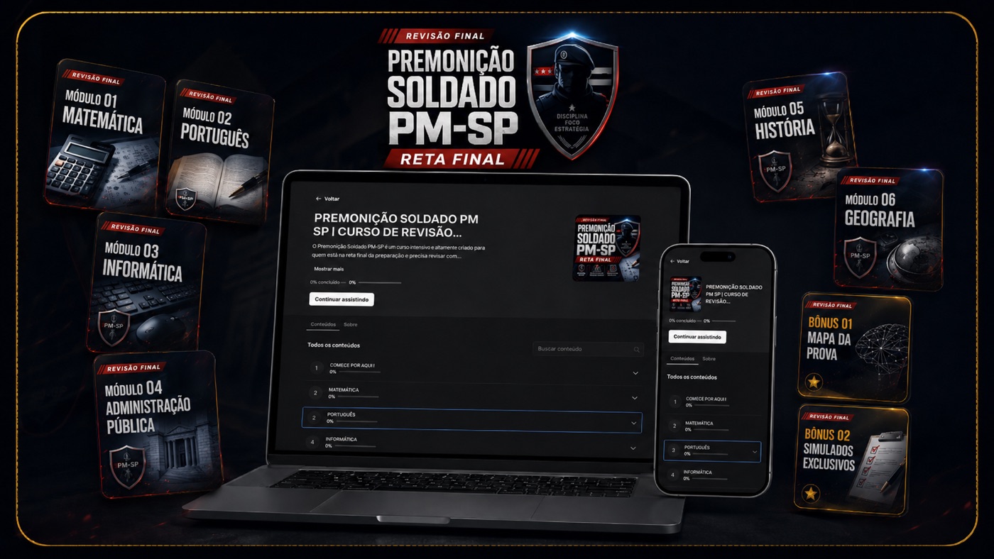 Premonição Soldado PM-SP na plataforma: notebook e celular com os 6 módulos e os 2 bônus